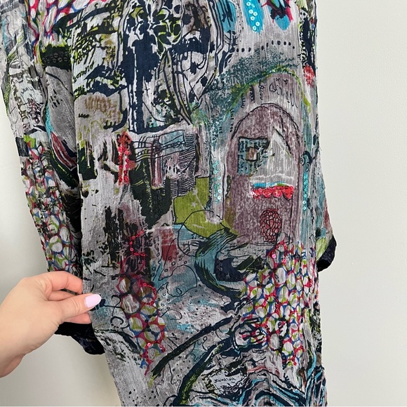 Boho Sheer Printed Tunic Dress • Embellished Neckline • Sequin Detail L - Picture 4 of 8